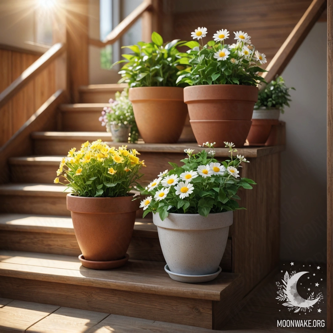 Деревянная лестница, украшенная цветочными горшками на фоне мягких солнечных лучей.