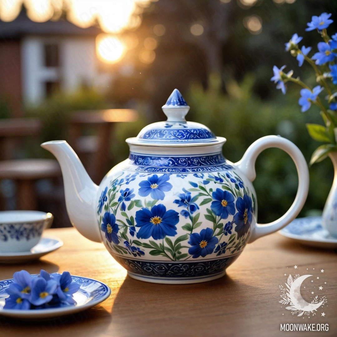 Круглый деревянный стол с фарфоровым чайником, наполненным синими цветами, освещённый закатным светом.