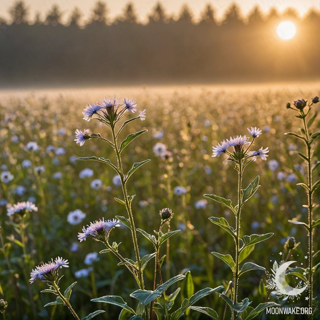 Крупный план цветов на спокойном поле с туманом и закатным светом.