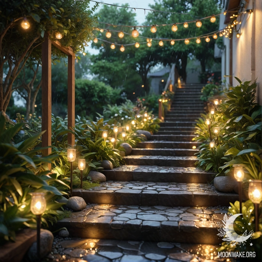 Спокойная дорожка в саду из булыжников и деревянная лестница, мягко освещенные гирляндами под дождем.
