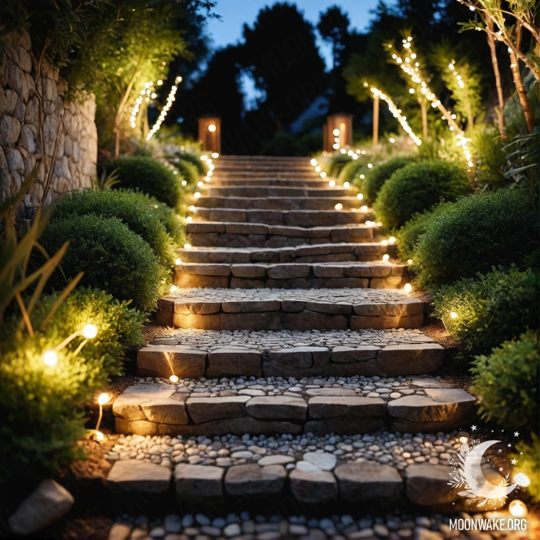 Спокойная садовая дорожка из камней, украшенная светящимися гирляндами и деревянной лестницей.