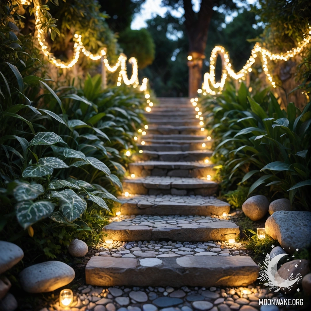 Умиротворяющая садовая дорожка из камней, ведущая к деревянной лестнице, украшенной светящимися гирляндами, на фоне прекрасного заката.