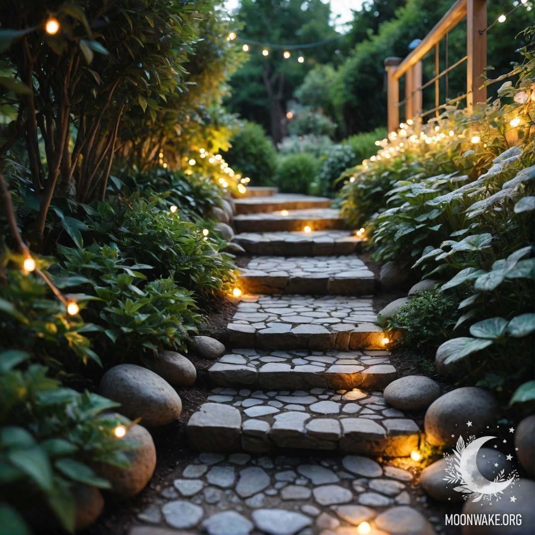 Спокойный сад, украшенный светящимися гирляндами, с каменной дорожкой и деревянной лестницей.
