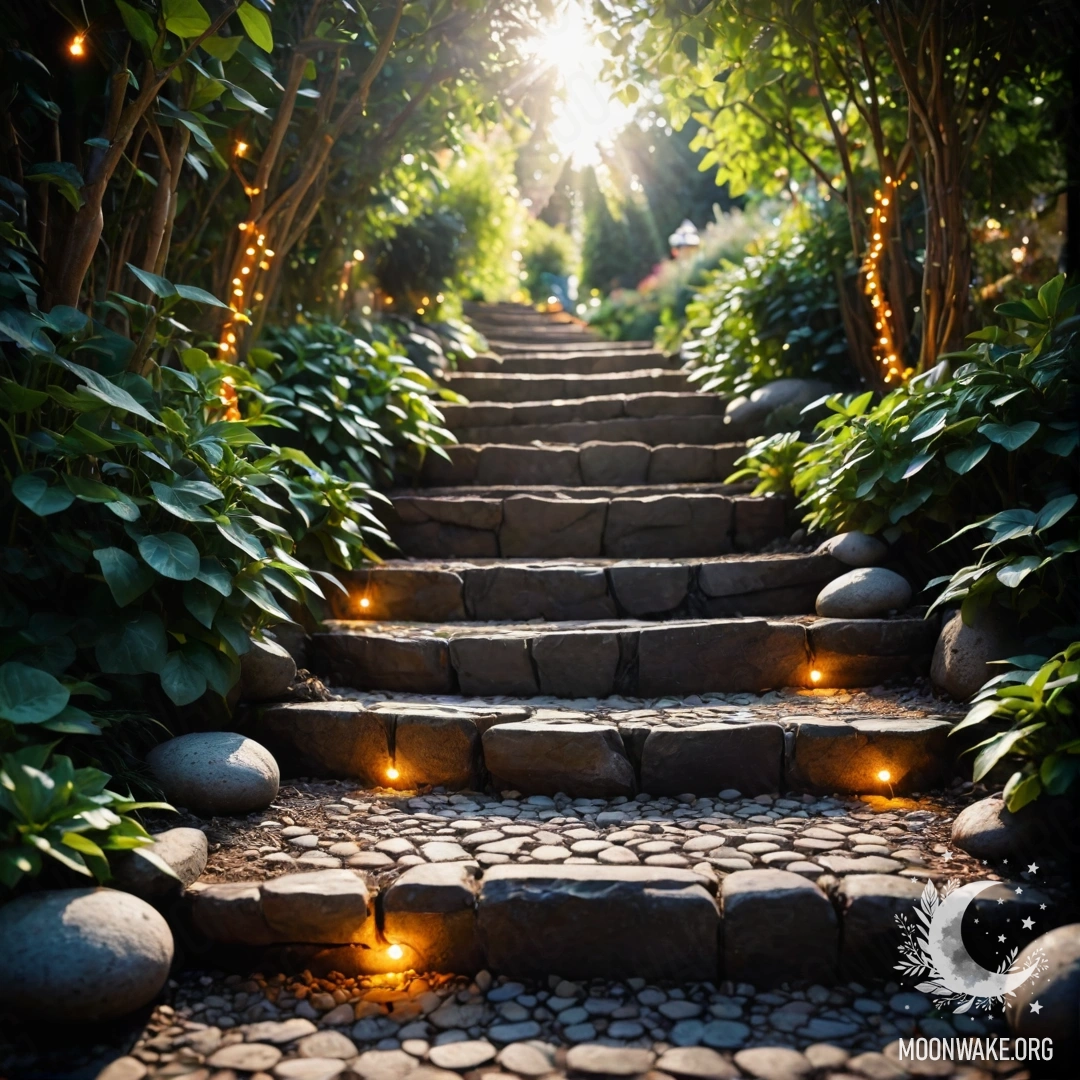 Красивый садовый путь из камней, украшенный гирляндами света и деревянной лестницей, освещенной солнечными лучами.