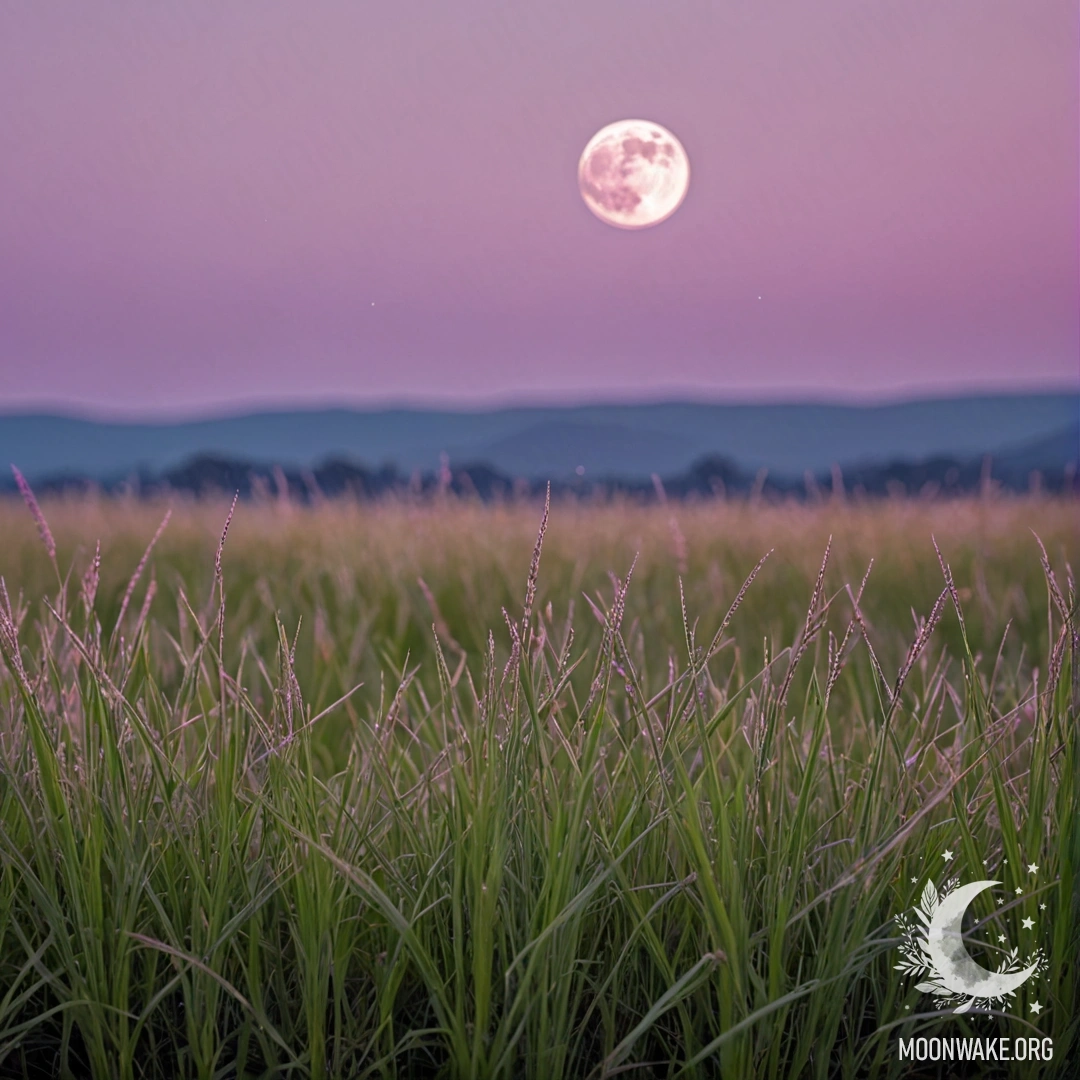 Крупный план травы на поле с розово-фиолетовым небом и луной.