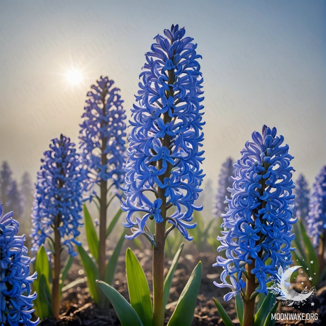 Спокойный гиацинт, возникающий из тумана, озаренный мягкими солнечными лучами.