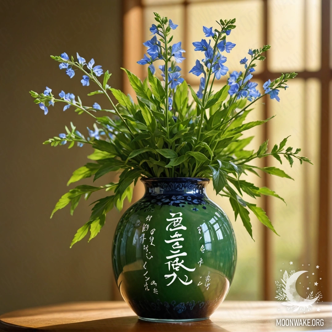 Спокойная композиция из цветов лобелии в зеленом вазе, освещенная солнечными лучами.