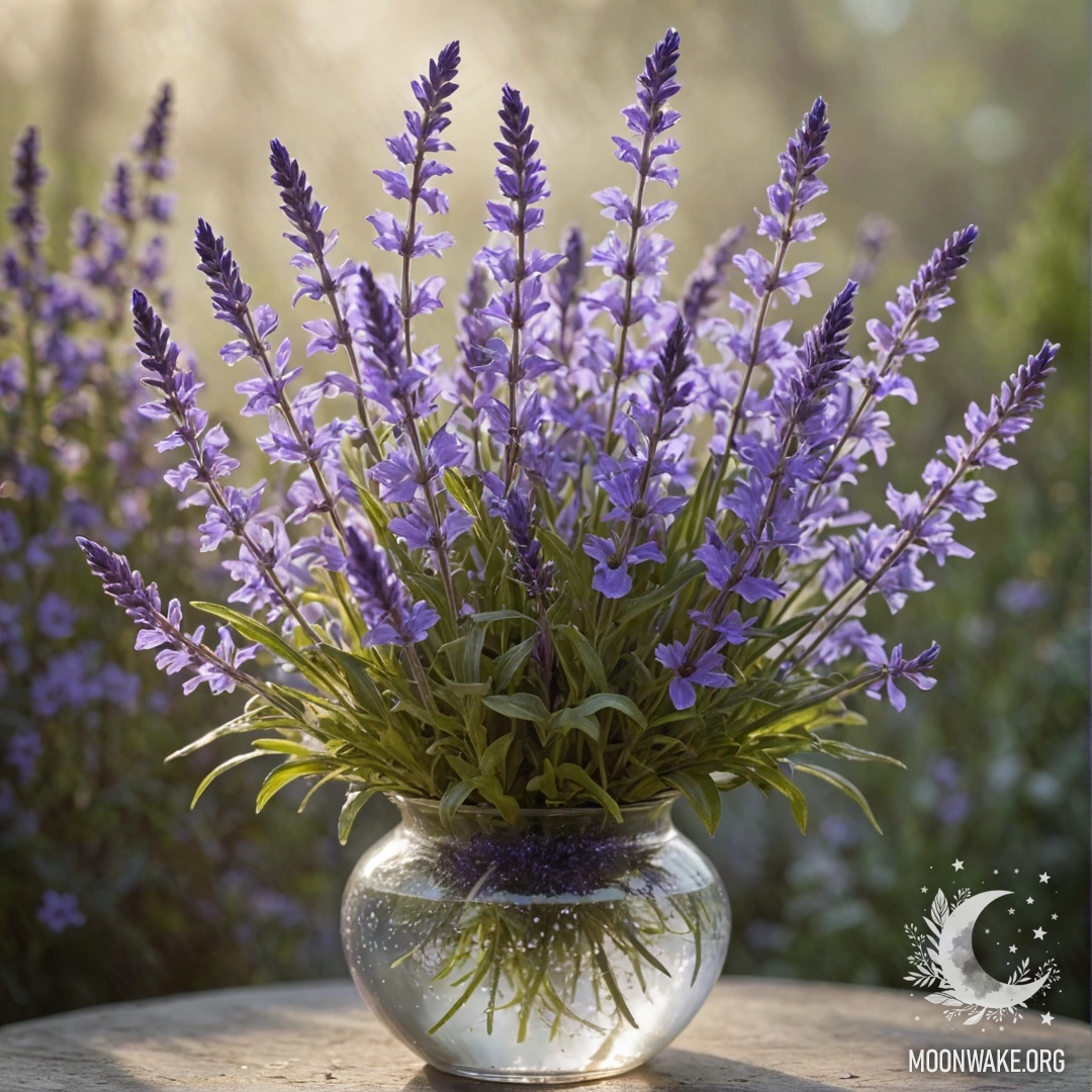 Ваза, наполненная лавандовыми цветами лобелии, освещённая мягким солнечным светом в туманном окружении.
