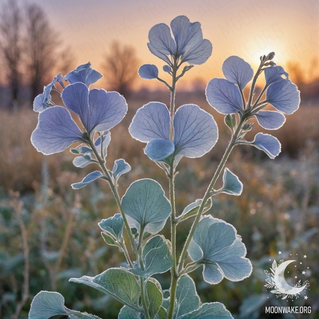 Спокойный букет лунарии в снегу на фоне заката, изображенный в нежных шалфейных цветах.