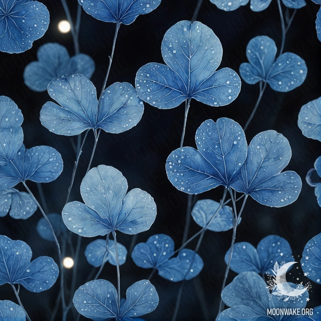 Акварельная картина с синими цветами лунарии в ночном тумане