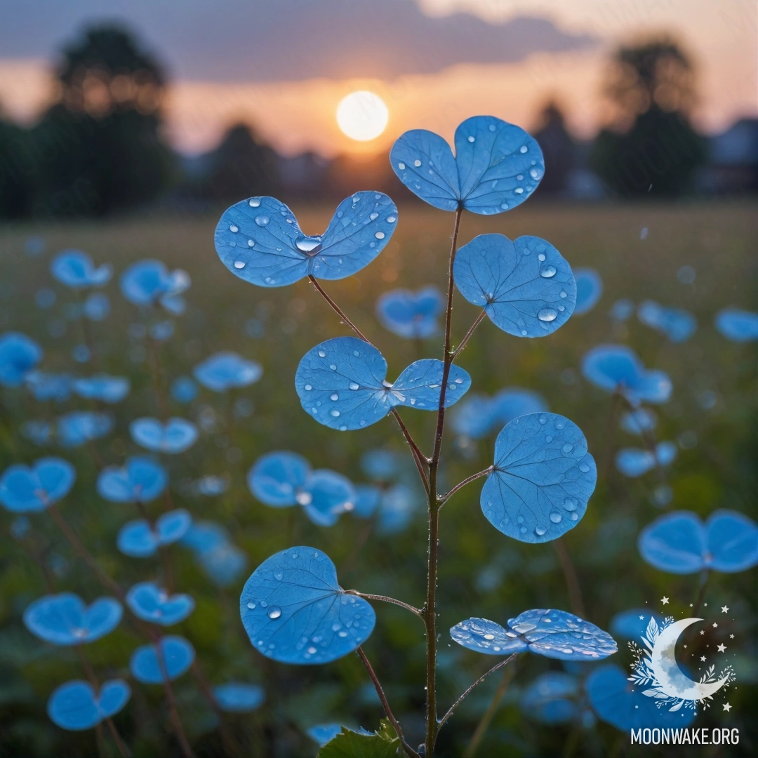 Мирный кустик лунарии под мягким дождем на фоне синего заката.