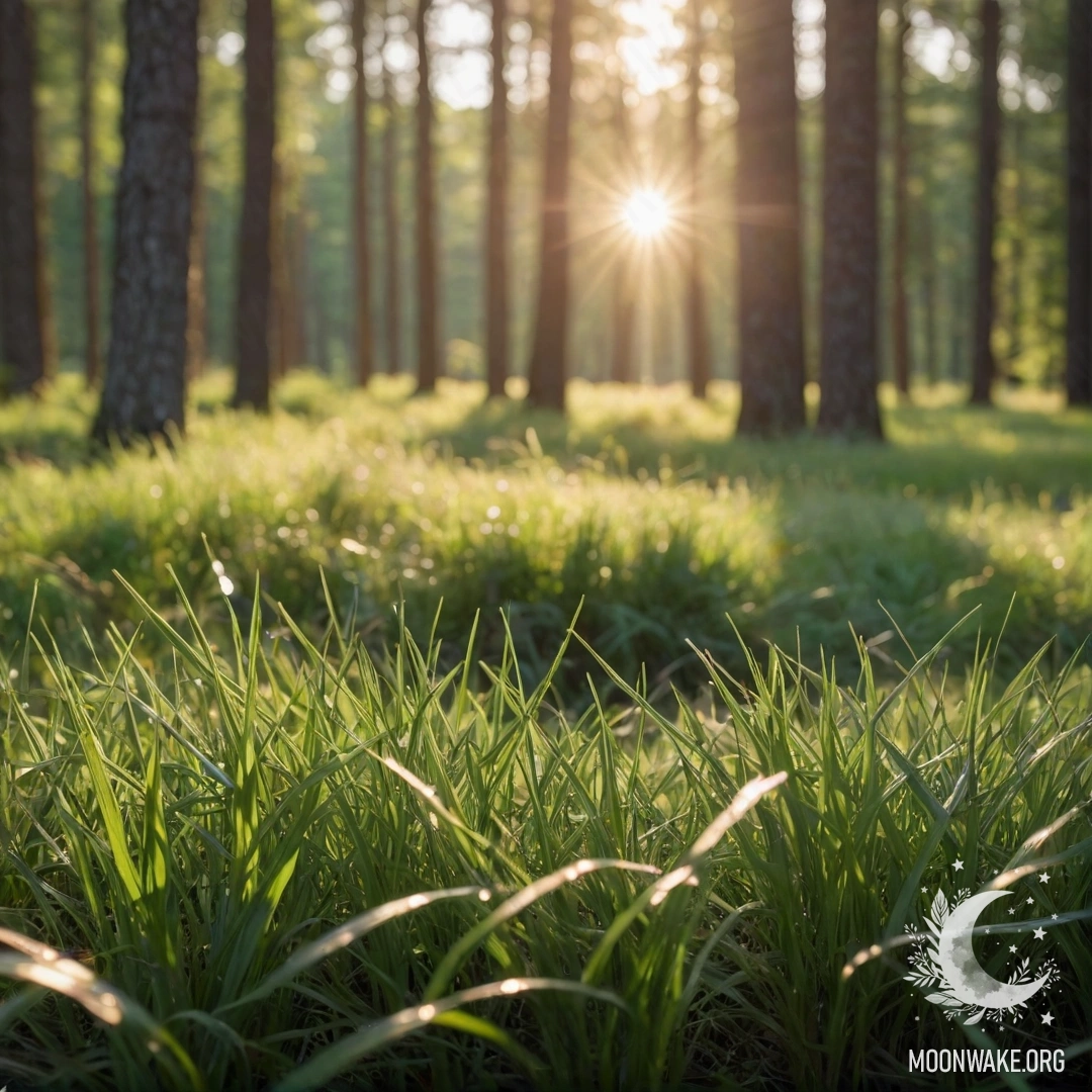 Крупный план травы на спокойном поле с размытым лесом на заднем плане и солнечными лучами, пробивающимися сквозь деревья.