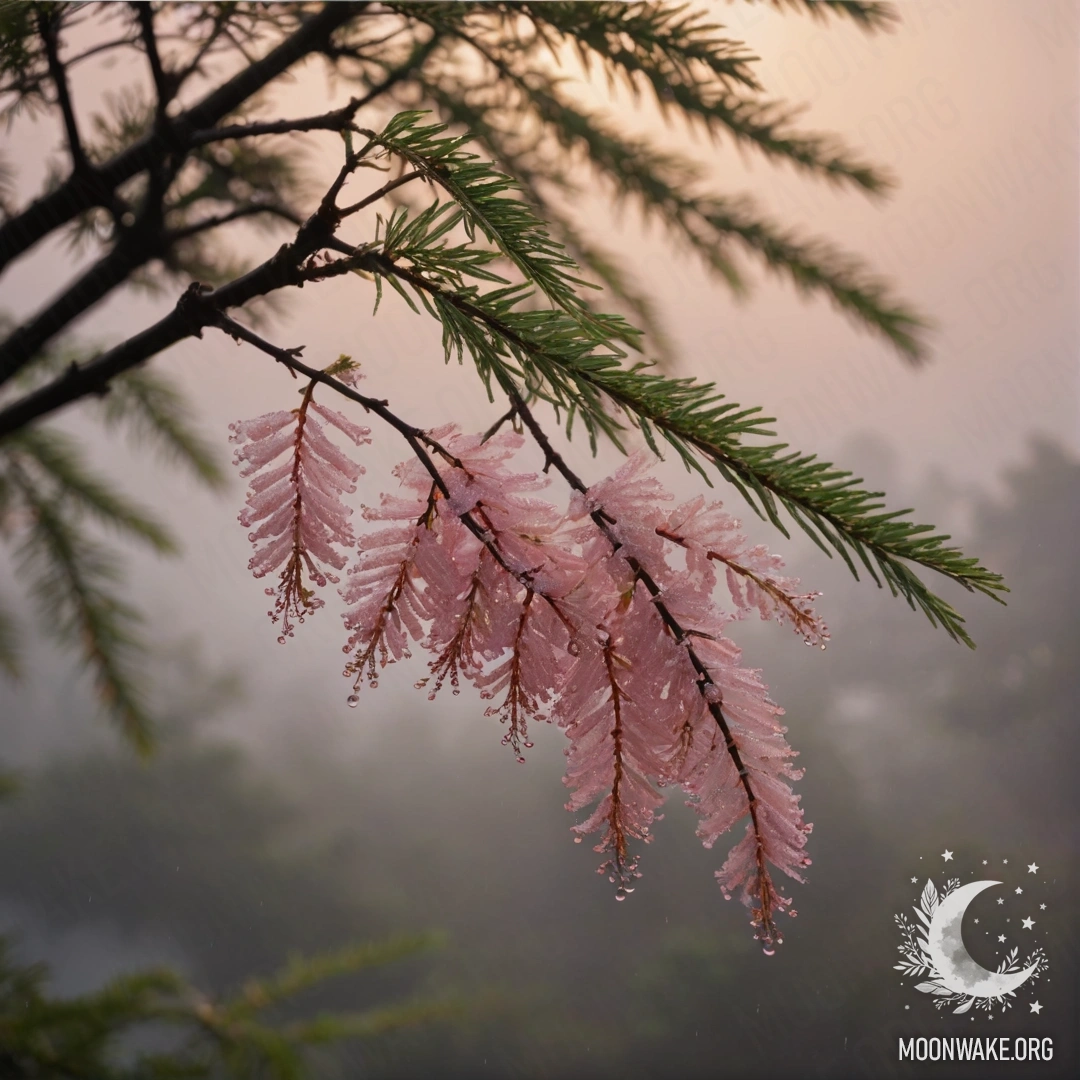 Розовая мимоза цветет в туманном дожде на закате, сверкающая пайетками.