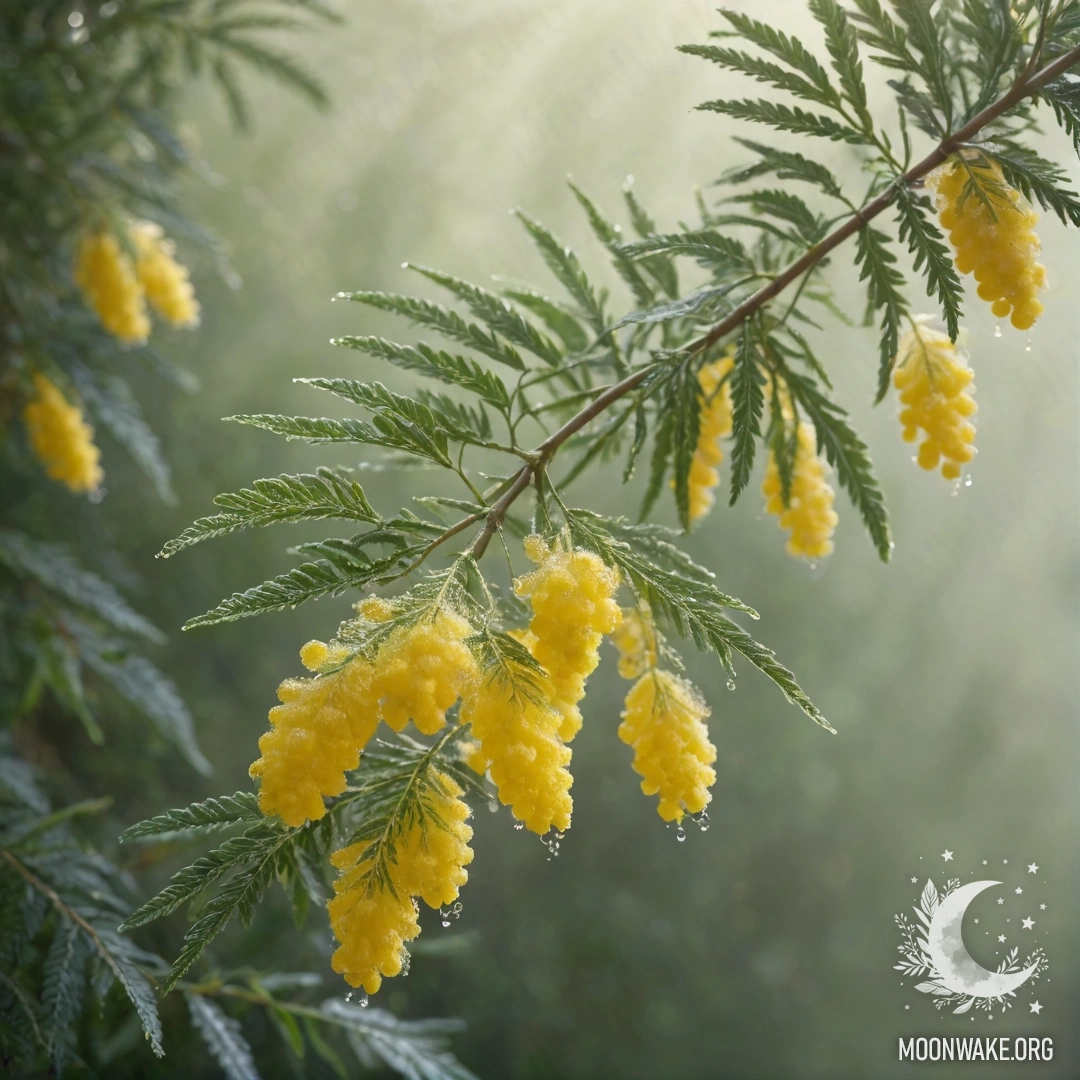 Роскошный цветок мимозы в окружении тумана и мягкого солнечного света