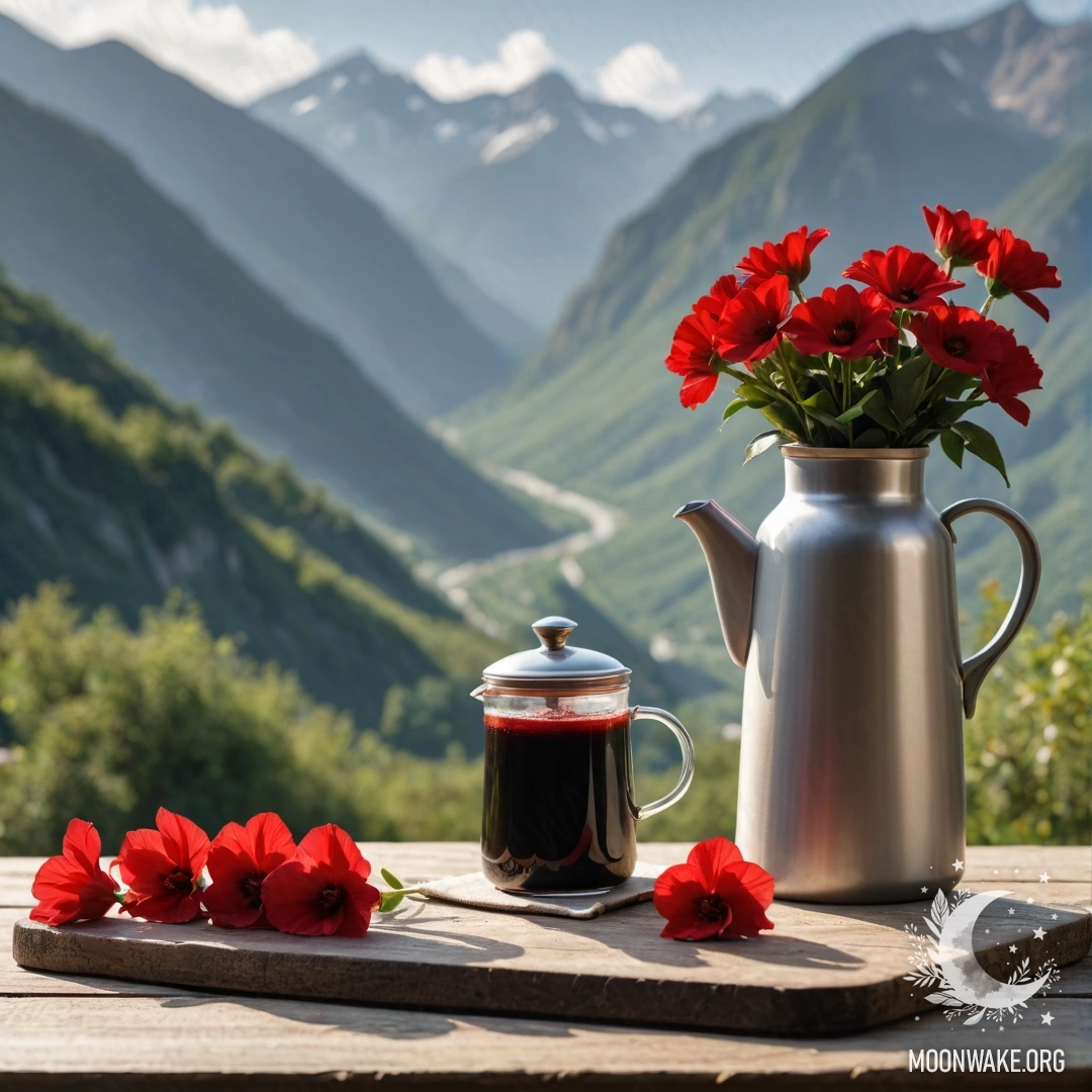 Деревянный стол с кофейником, чашками и банкой красных цветов на фоне гор.