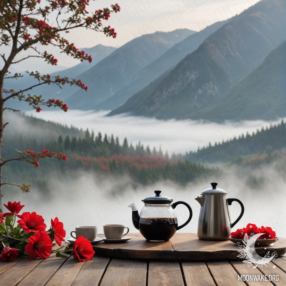Абстрактный деревянный стол с банкой красных цветов, кофейником и чашками на фоне туманных гор.