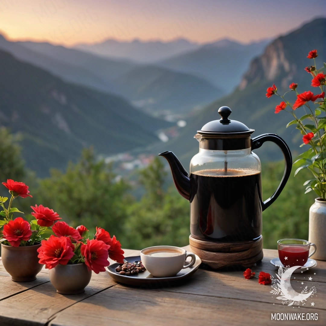 Скромный деревянный стол с банкой красных цветов, кофейником и чашками на фоне горного пейзажа на закате.