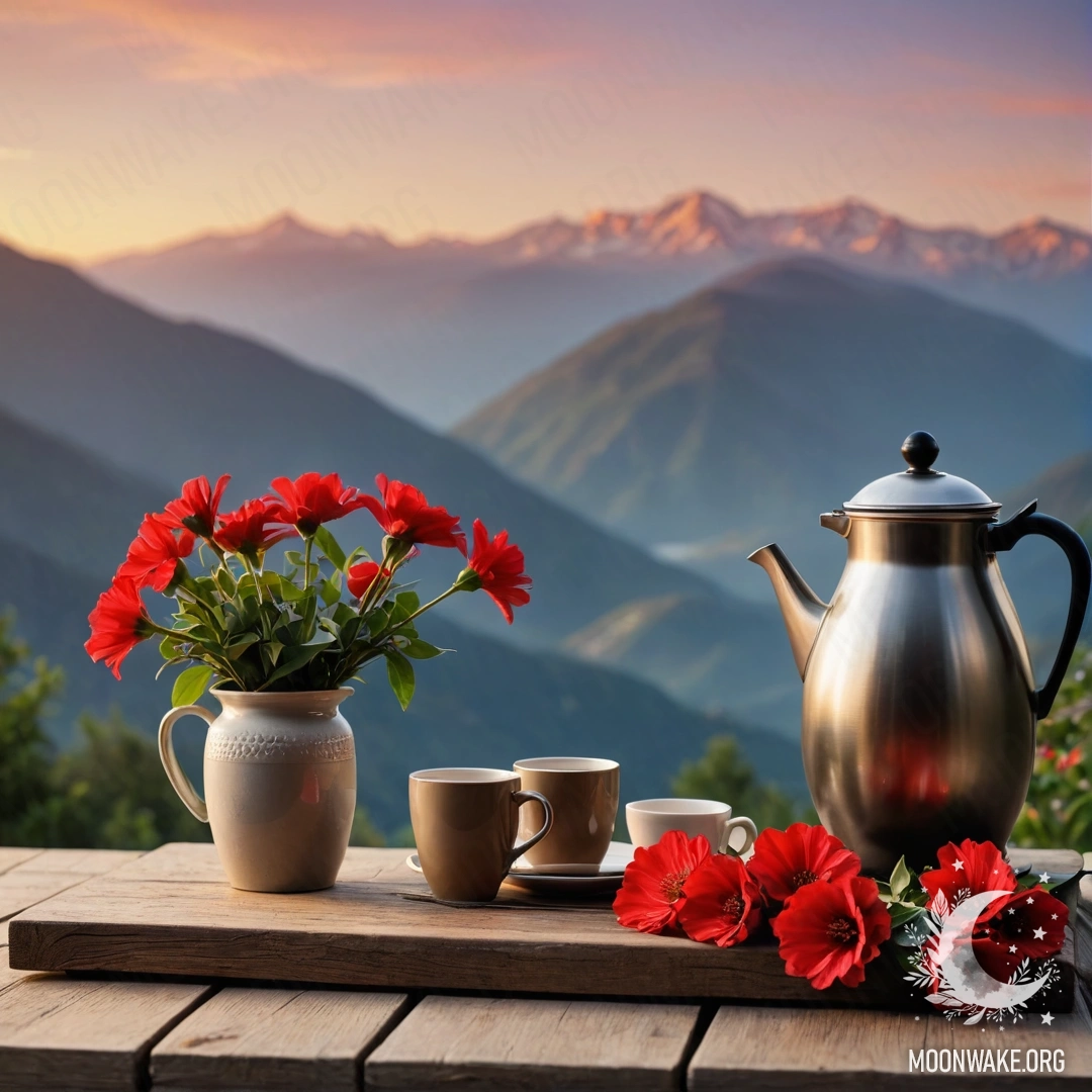 Деревянный стол с банкой красных цветов, кофейником и чашками на фоне гор при закате.