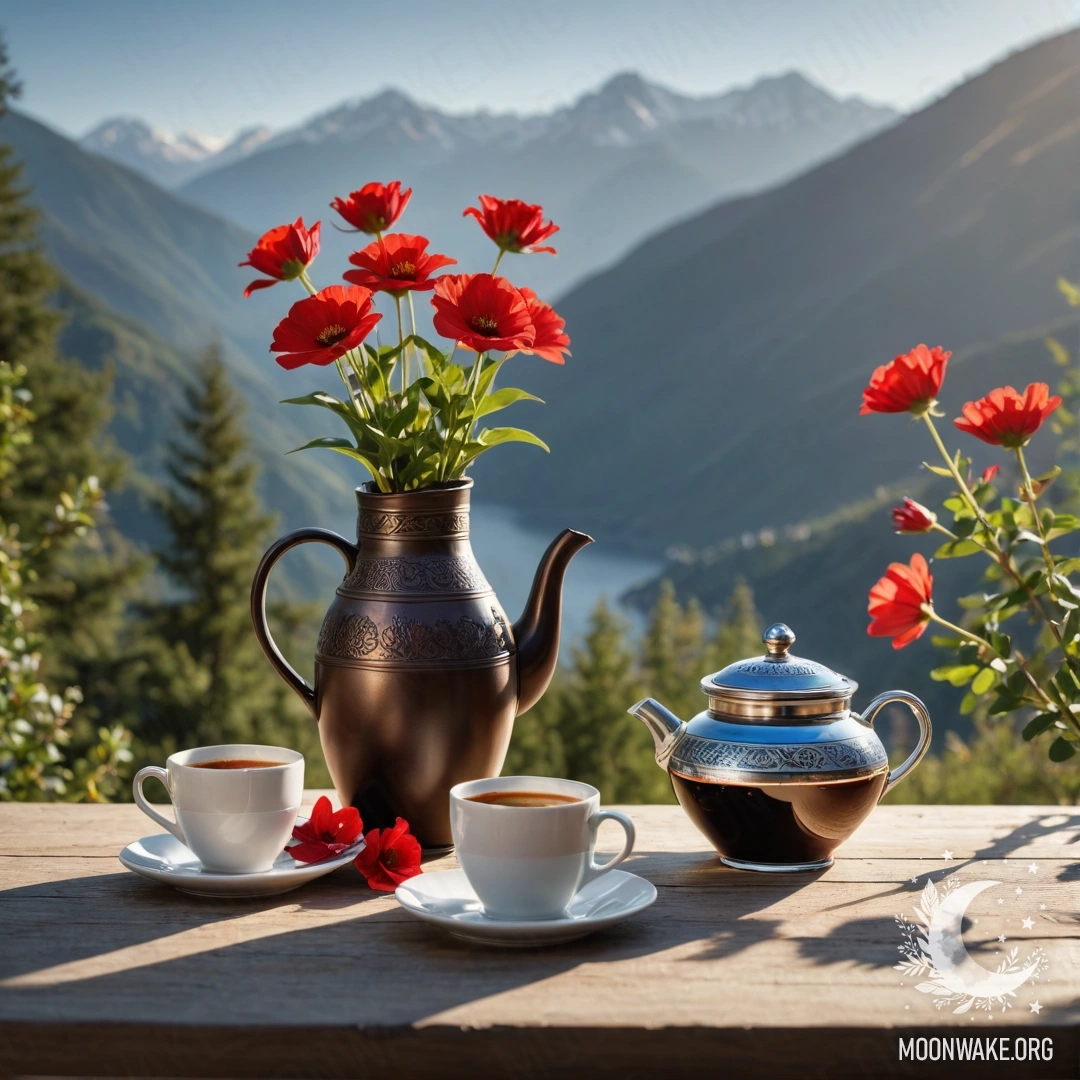 Уютный деревянный стол на фоне гор, на котором банка с красными цветами, кофейник и чашки, освещенные солнечными лучами.