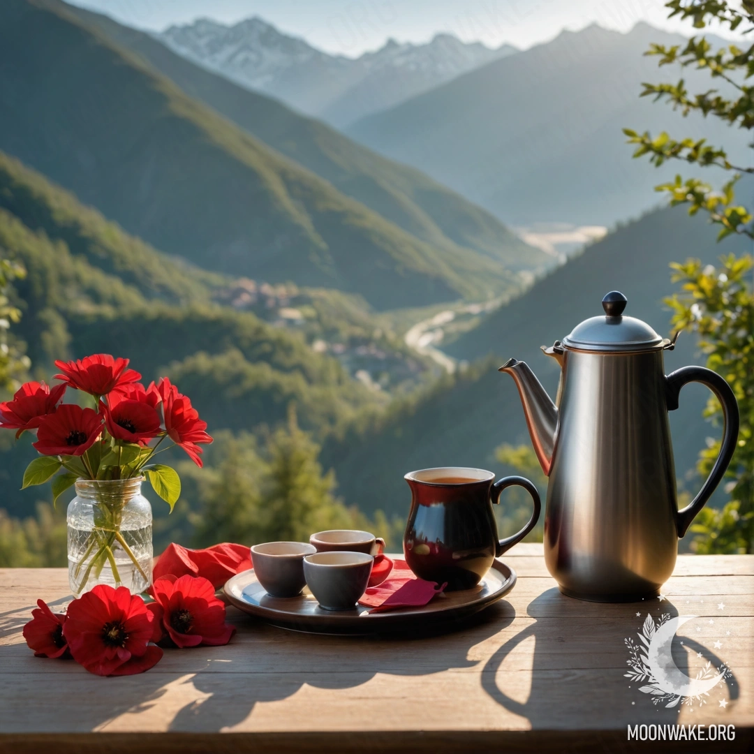 Спокойный деревянный стол на фоне величественных гор, на котором находятся банка с красными цветами, кофейник и чашки, освещенные солнечными лучами.