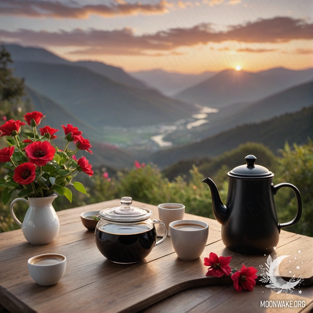 Деревянный стол на фоне гор с банкой красных цветов, кофейником и чашками на закате.