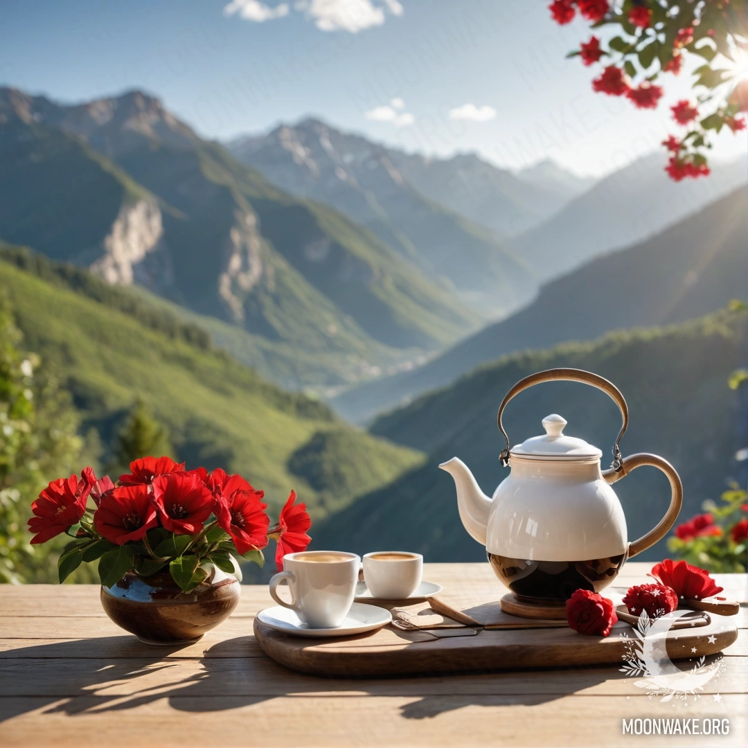 Спокойный деревянный стол с банкой красных цветов, кофейником и чашками на фоне гор в мягком солнечном свете.