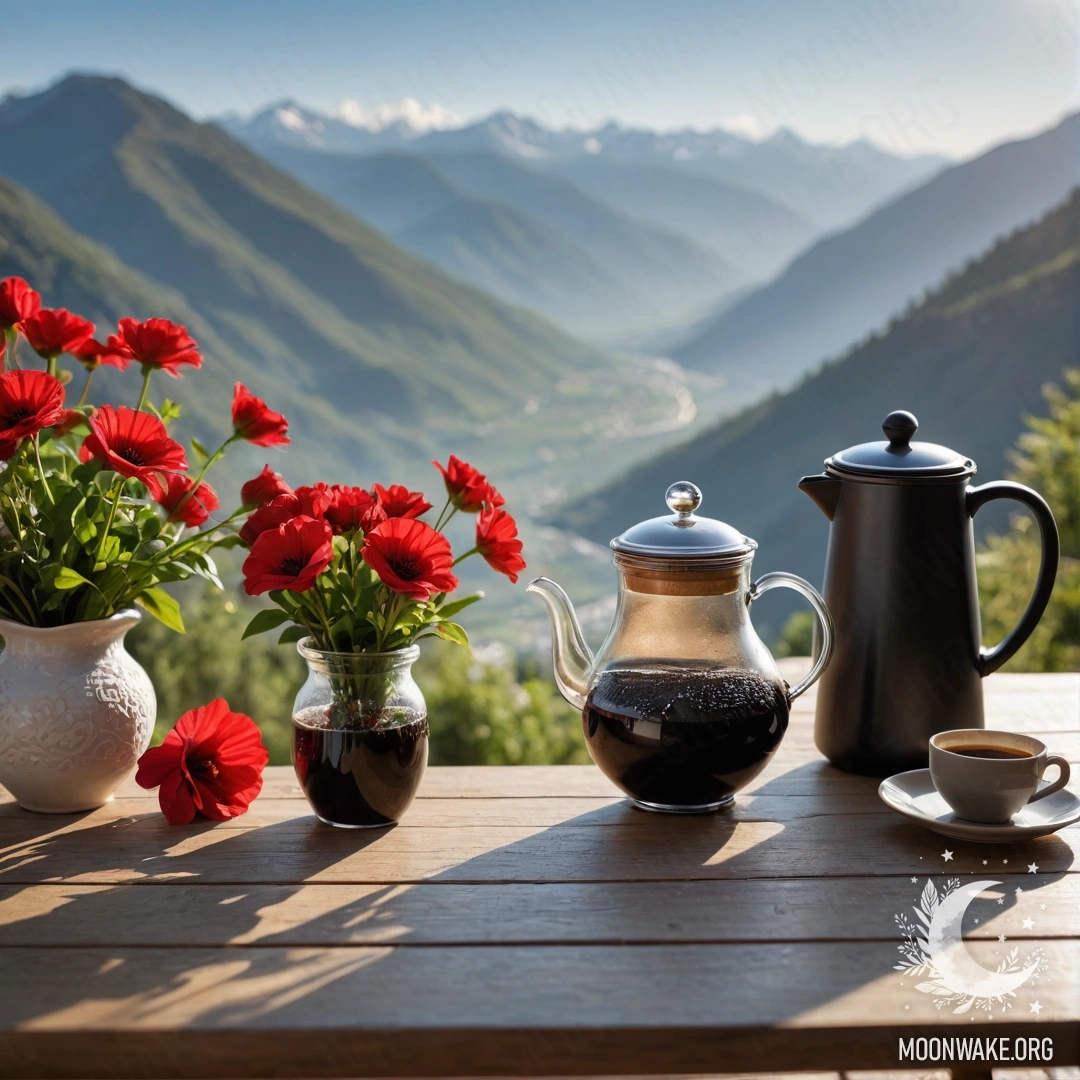 Деревянный стол с банкой красных цветов, кофейником и чашками на фоне горы.
