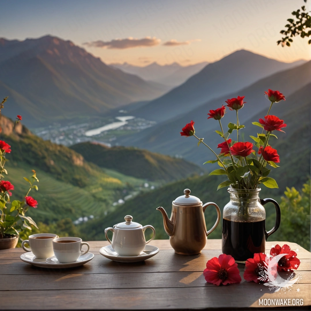 Деревянный стол с банкой красных цветов, кофейником и чашками, на фоне гор во время заката.