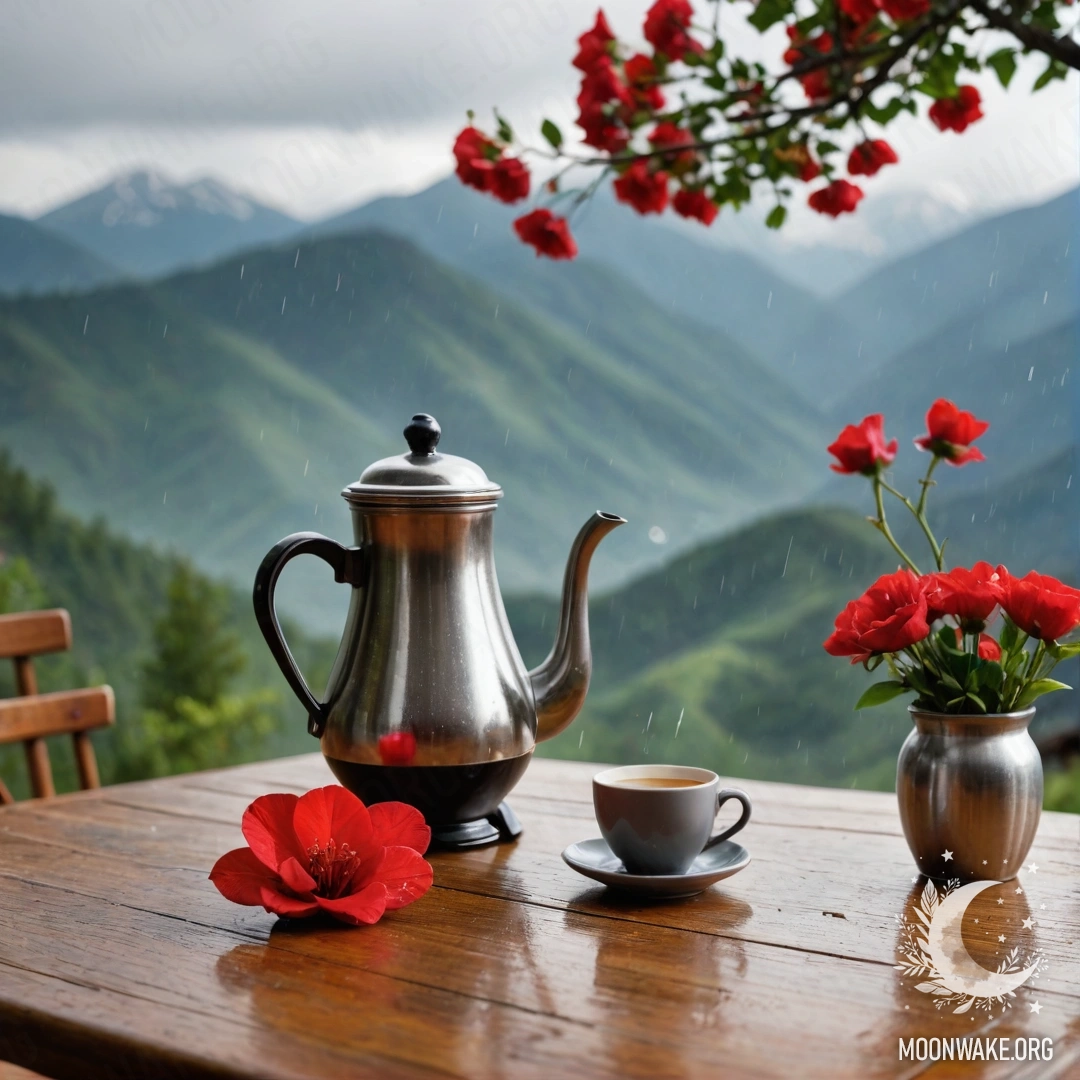 Спокойный деревянный стол на фоне величественных гор, на нем банка с красными цветами и кофейник с чашками под дождем.