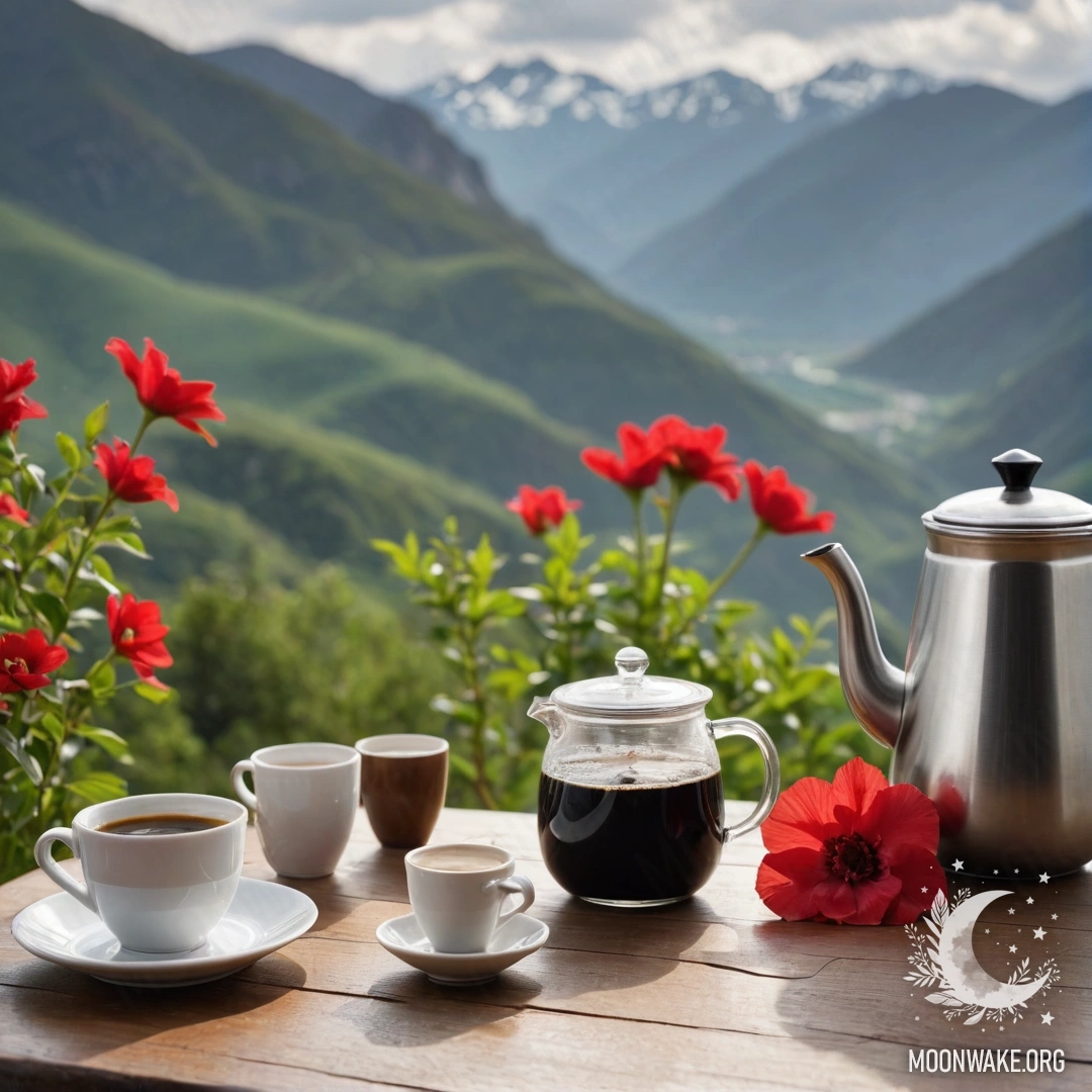 Уютный деревянный стол с красными цветами и кофейником на фоне гор.