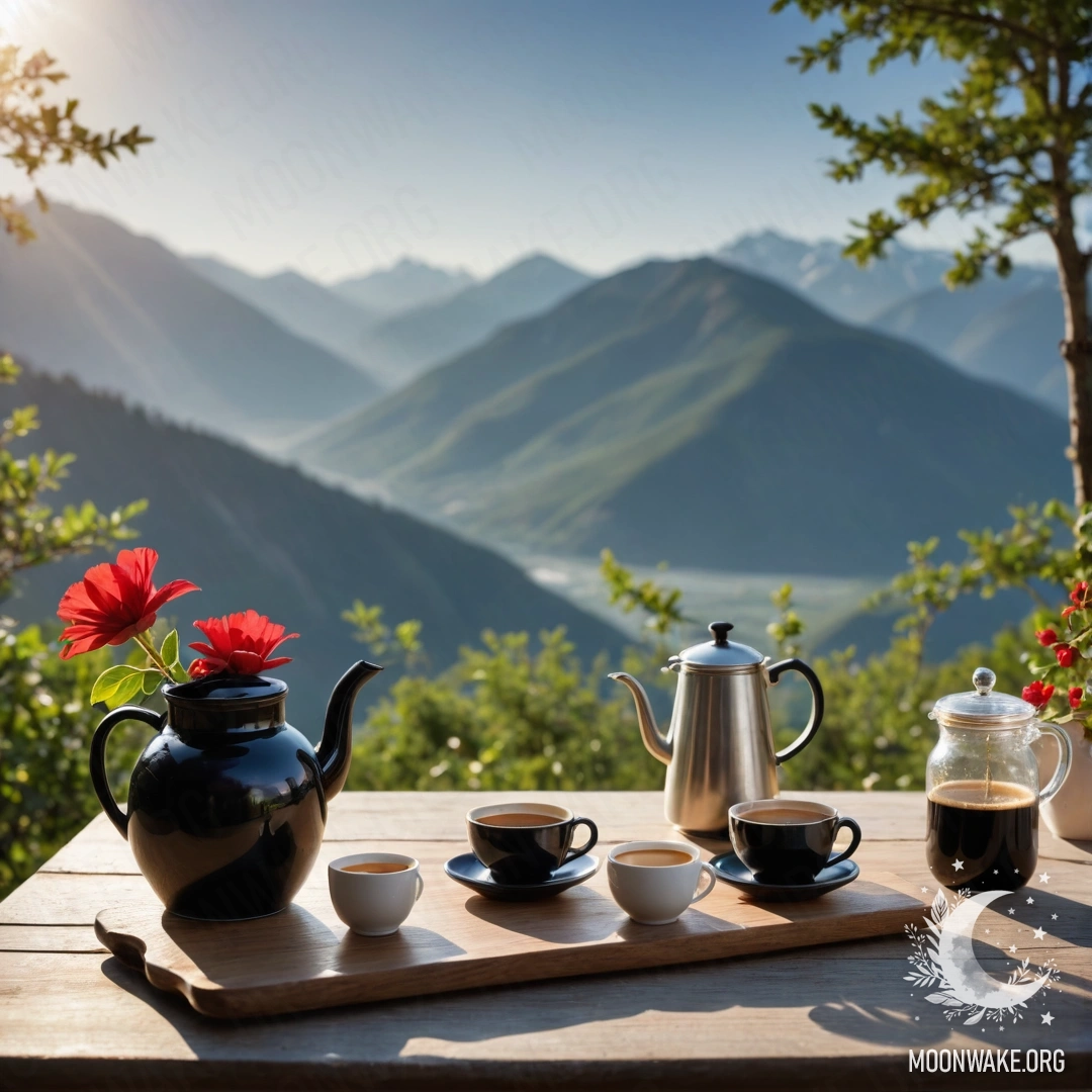 Уютный деревянный стол на фоне величественных гор с банкой красных цветов, кофейником и чашками, озарёнными солнечными лучами.