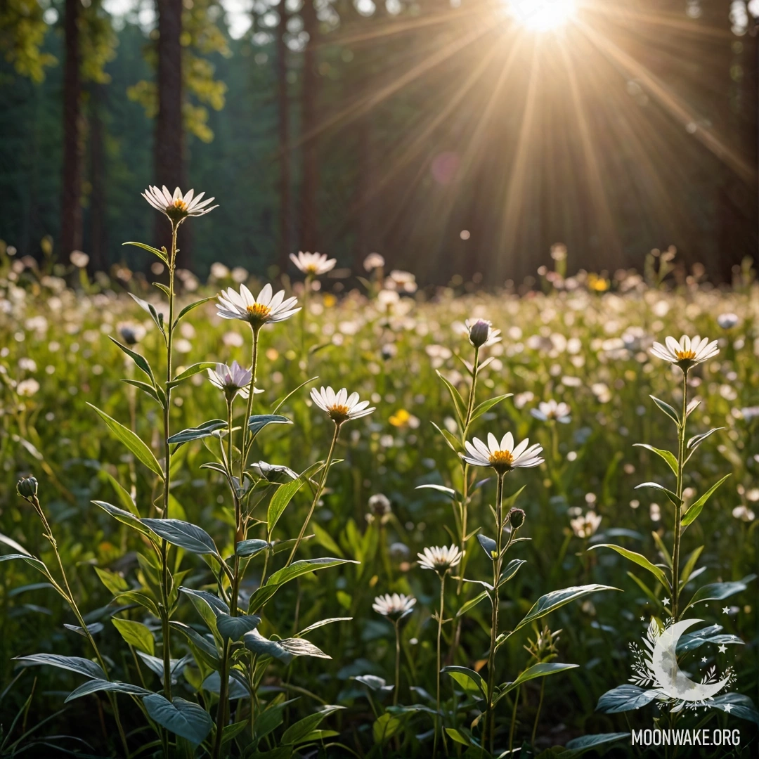 Крупный план нежных цветов на безмятежном поле, освещенных мягкими солнечными лучами на фоне размытого леса ночью.
