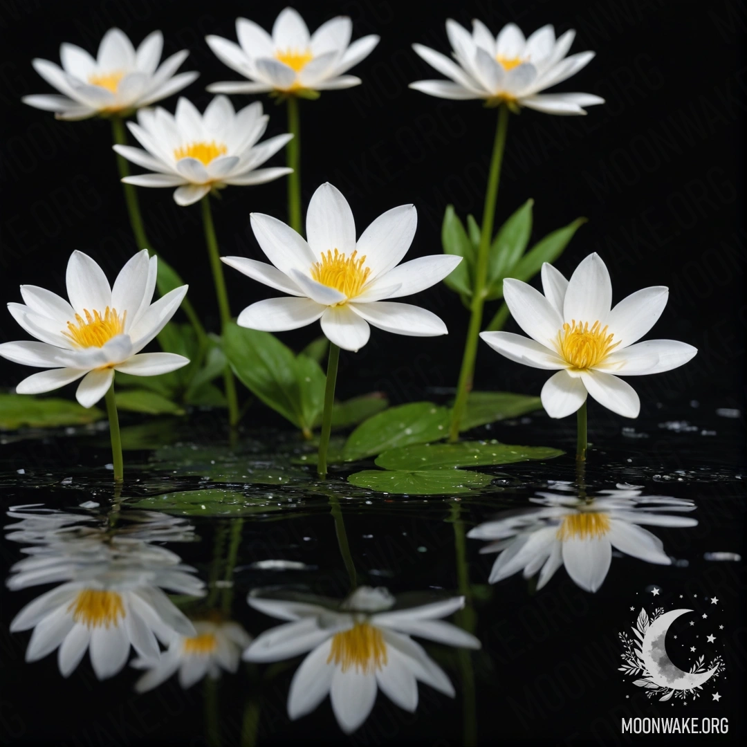 Фотореалистичные белые цветы, плавно плавающие на тёмной поверхности воды ночью.