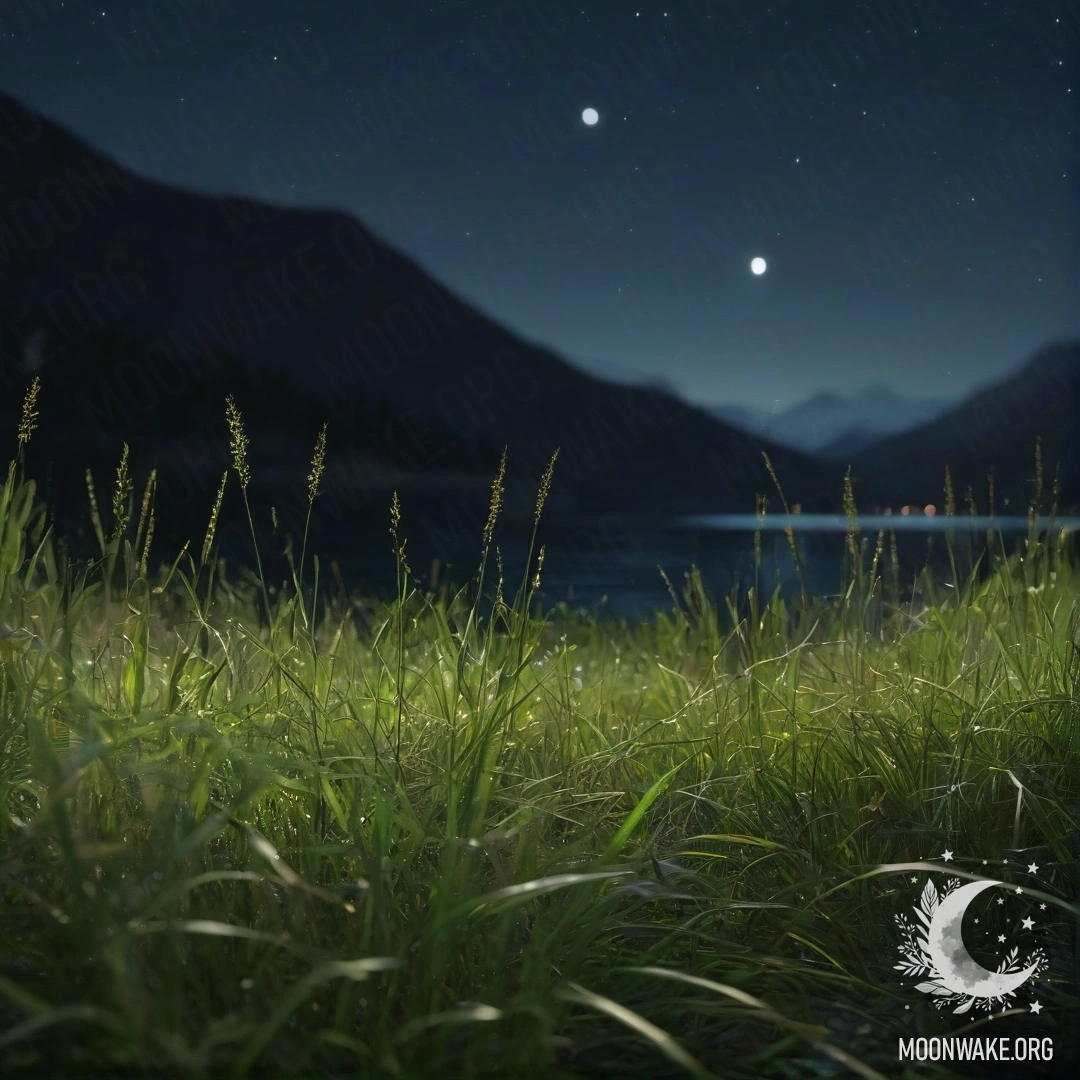Крупный план красивой зелёной травы на фоне размытого горного озера ночью.