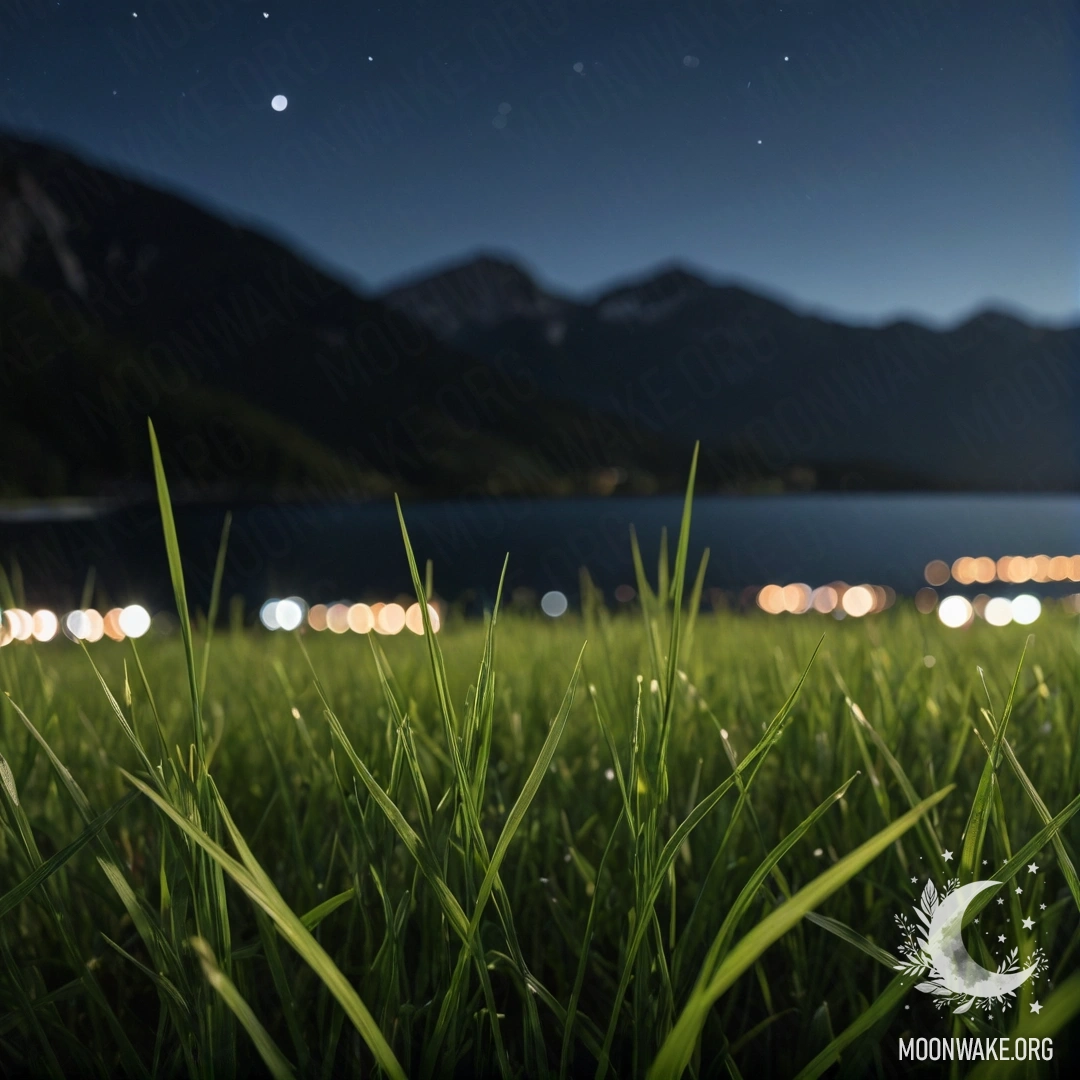 Крупный план травы на поле на фоне мечтательного боке горного озера ночью.