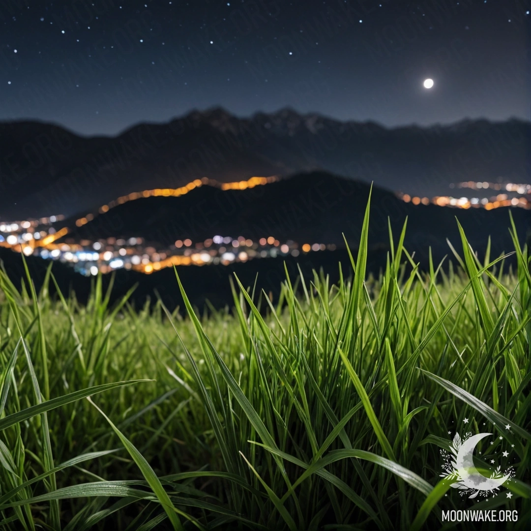 Крупный план травы на спокойном поле с размытыми горами на фоне ночью.