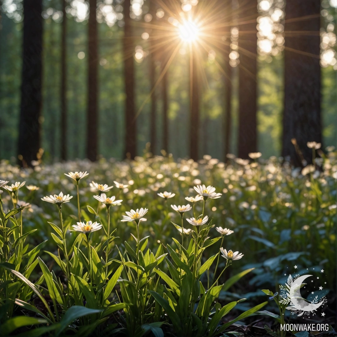 Крупный план цветов на поле с размытым лесным фоном и солнечными лучами