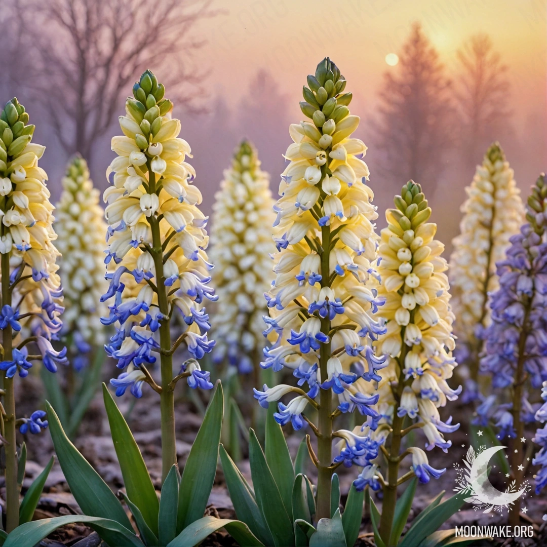 Безмятежная ночная сцена с мирными незабудками в облаке тумана.