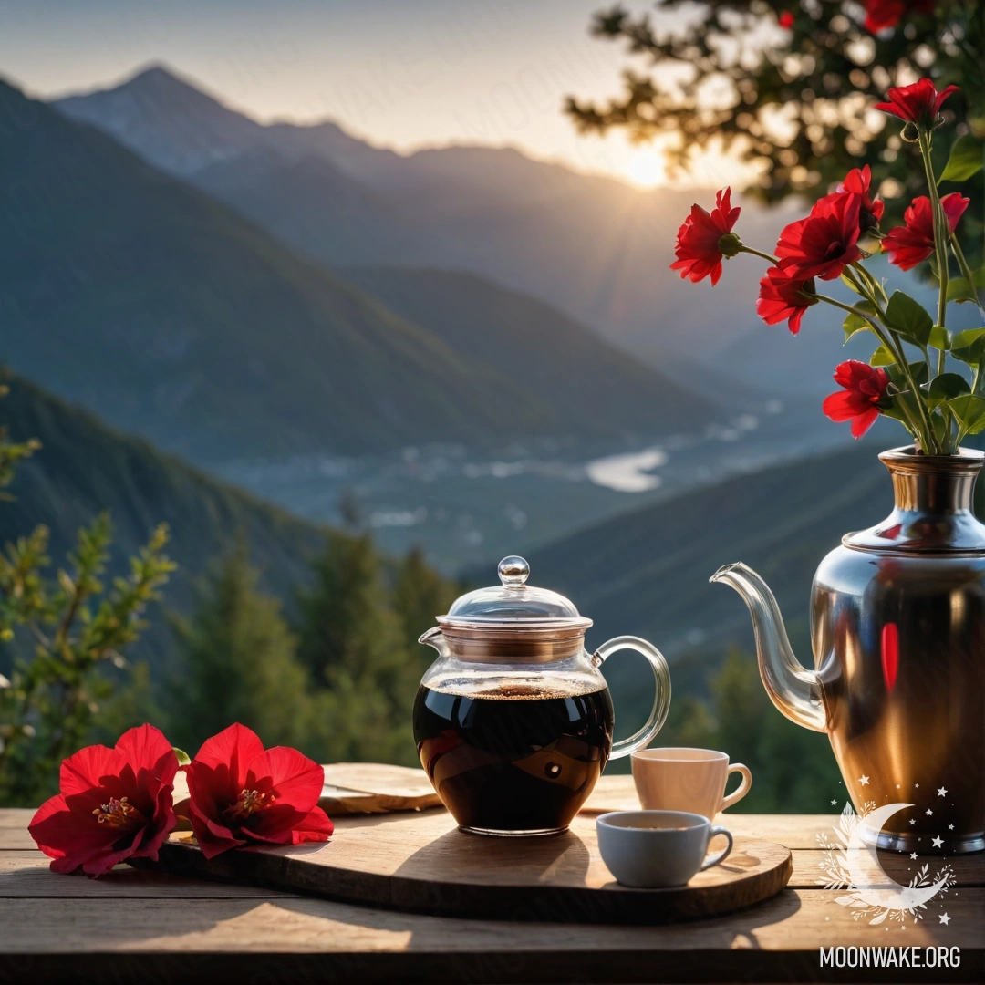 Уютный деревянный стол на фоне гор ночью, с банкой красных цветов, кофейником и чашками.
