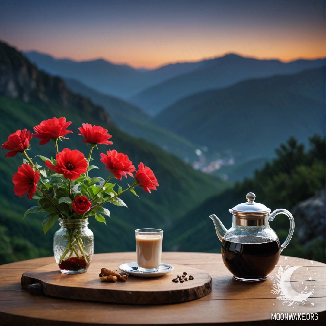 Деревянный стол ночью с красными цветами, кофейником и чашками на фоне гор.