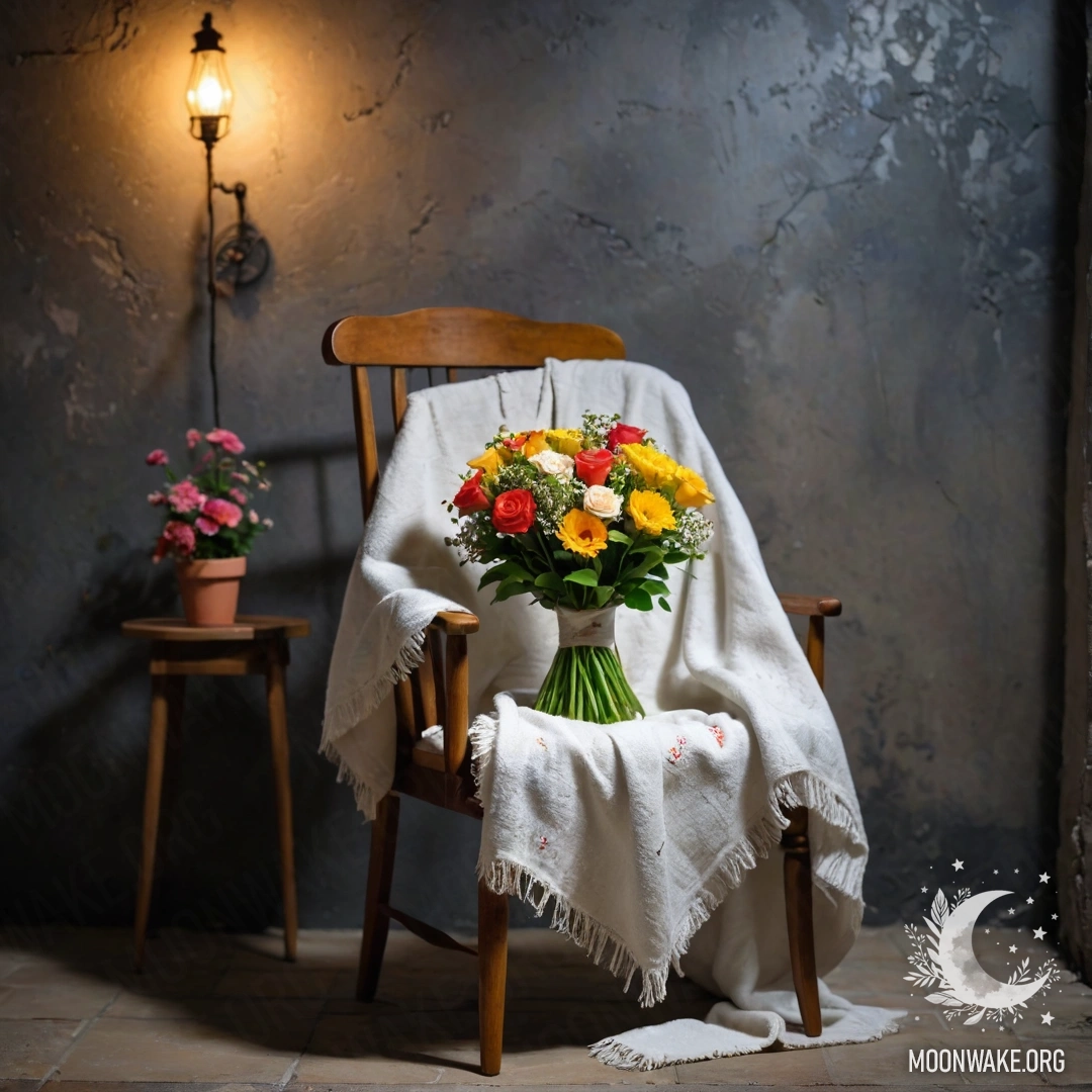 Спокойная сцена с креслом на фоне потрескавшейся стены, на котором лежит плед, а на пледе размещен букет цветов в ночное время.