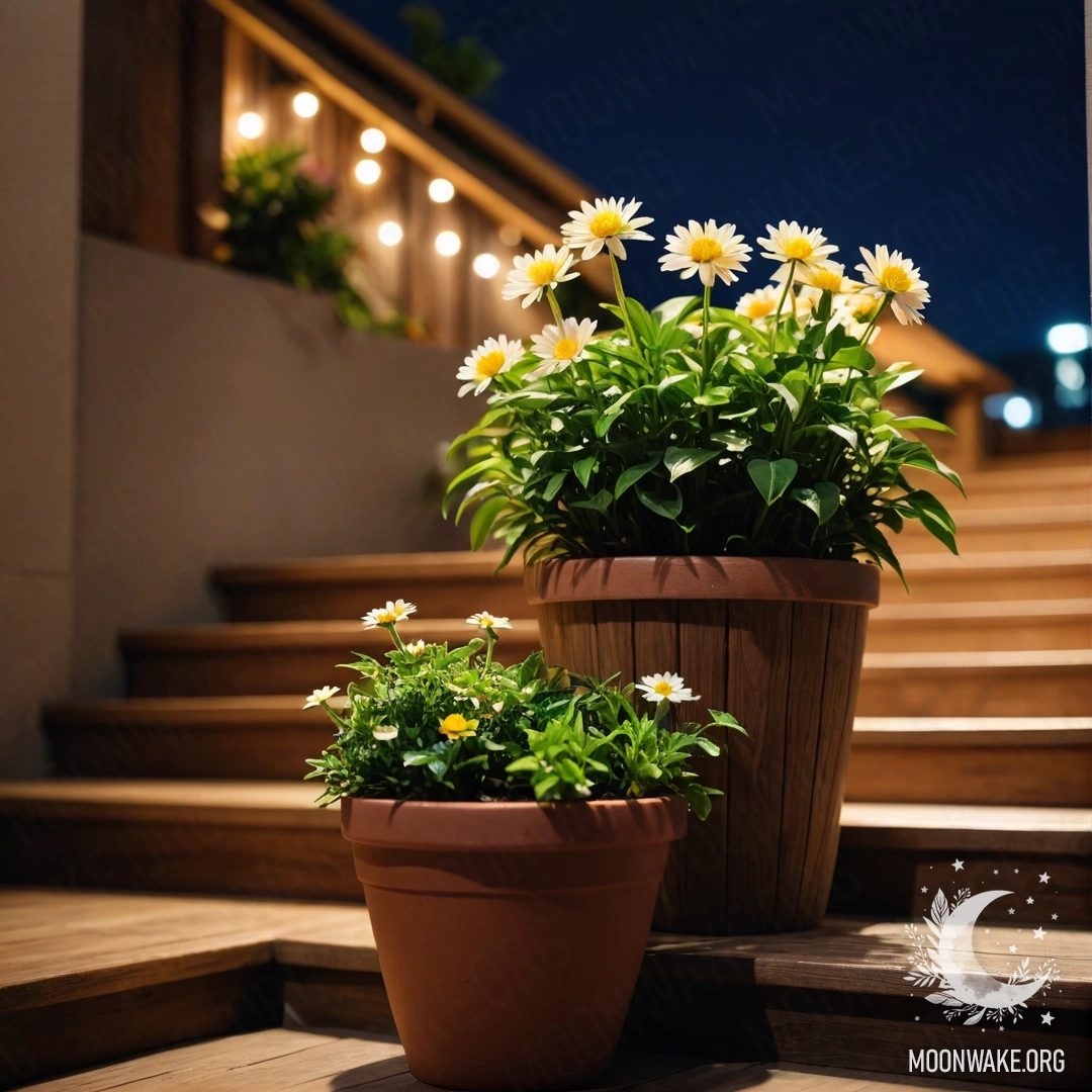 Деревянная лестница, украшенная цветочными горшками, ночью.