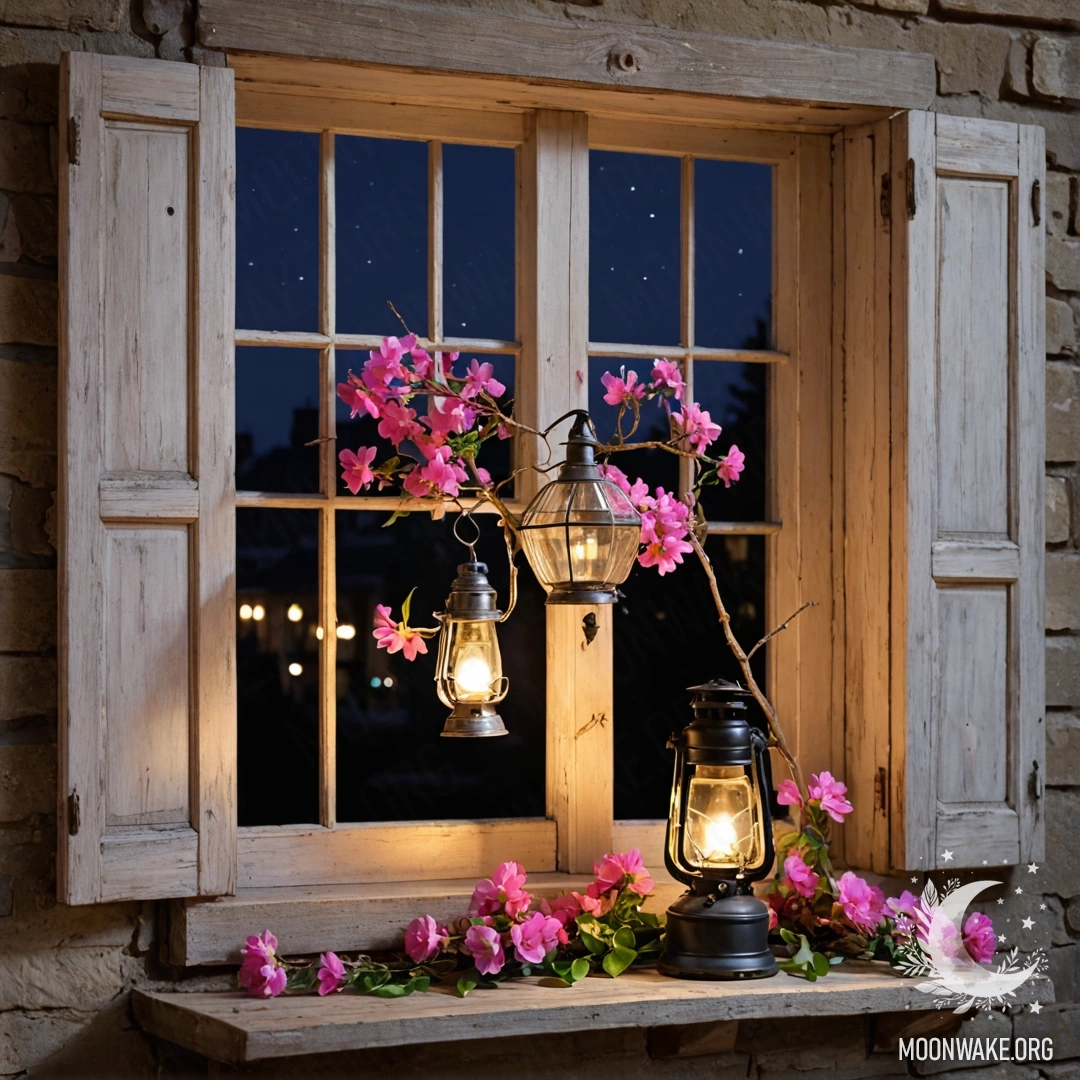 Потертого времени деревянное окно с ставнями, над ним висит керосиновая лампа, а ветка с розовыми цветами обвивает его ночью.