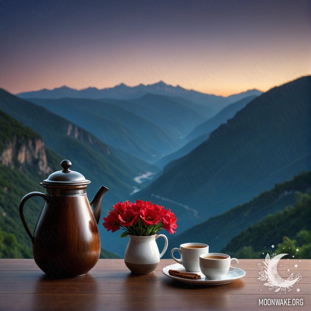 Минималистичный деревянный стол ночью с банкой красных цветов, кофейником и чашками на фоне гор.