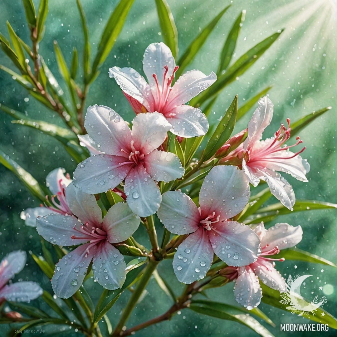 Спокойный олеандр, украшенный каплями росы, освещенный солнечными лучами.