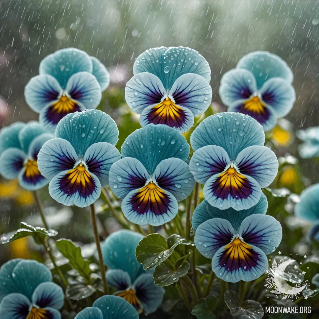Красивая композиция аквамариновых фиалок в дымке, нежно намокших под дождем, освещенных солнечными лучами.