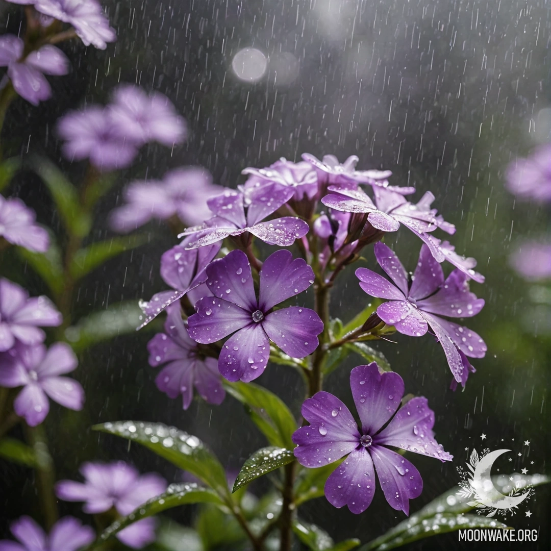 Группа пурпурных цветов флокса, окружённых туманом и каплями дождя.