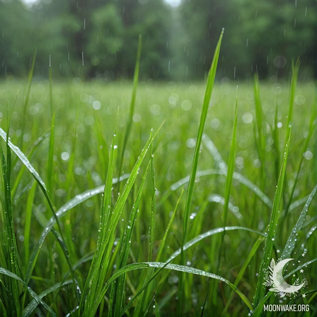 Крупный план травы на поле с размытым фоном леса, идет дождь.