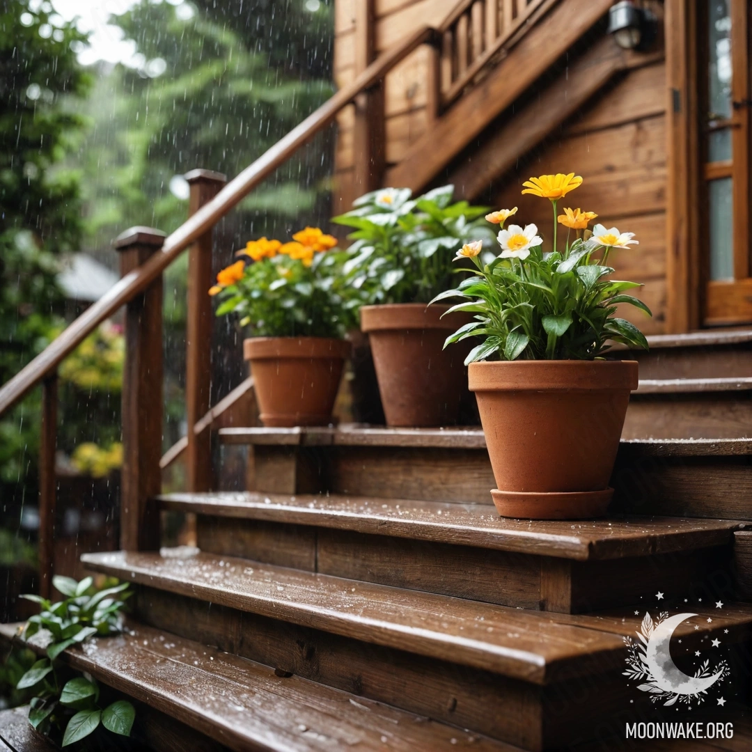 Деревянная лестница с цветочными горшками под дождем.
