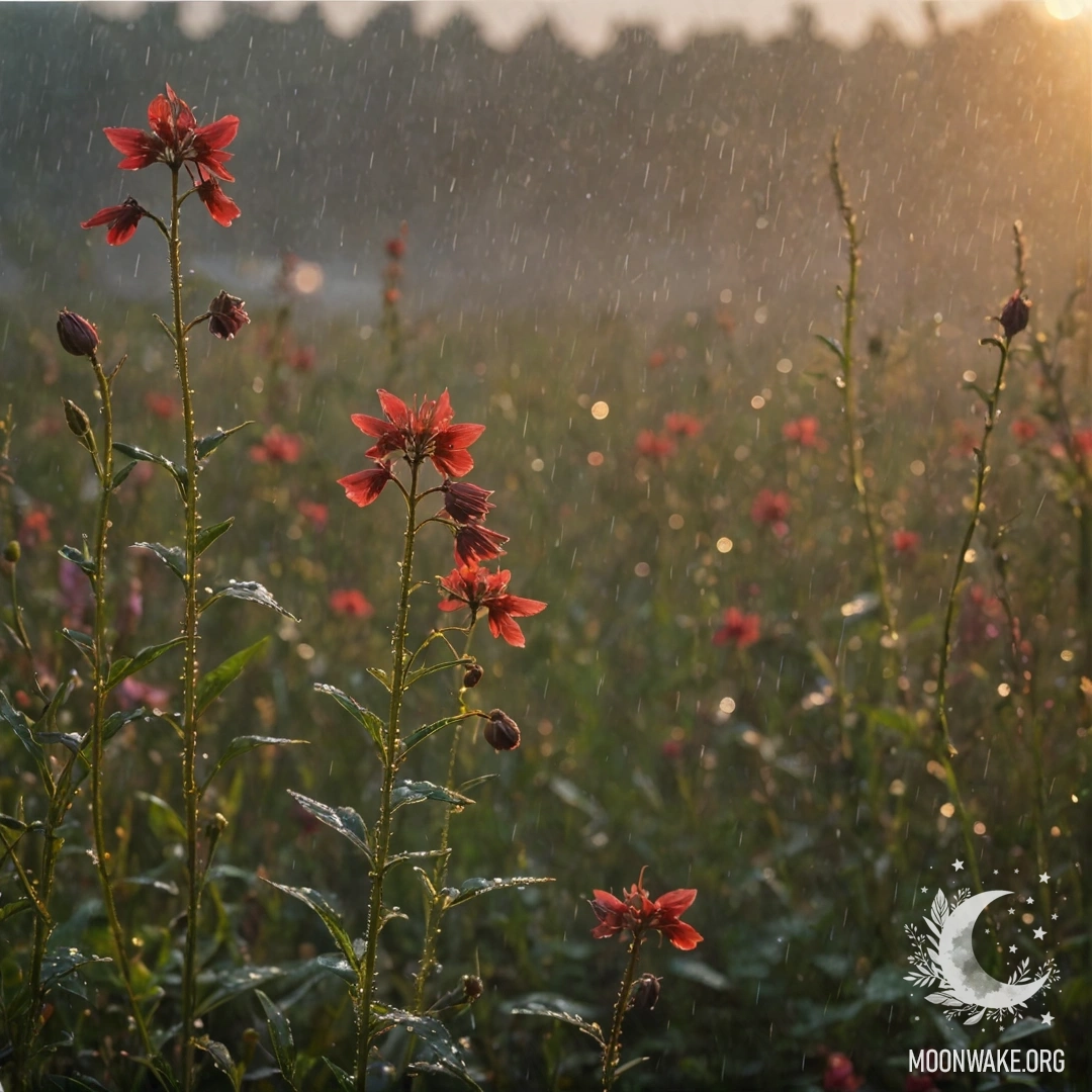 Тихая сцена с красными полевыми цветами, окруженными туманом и дождем на закате, вызывающая спокойную и романтическую атмосферу.